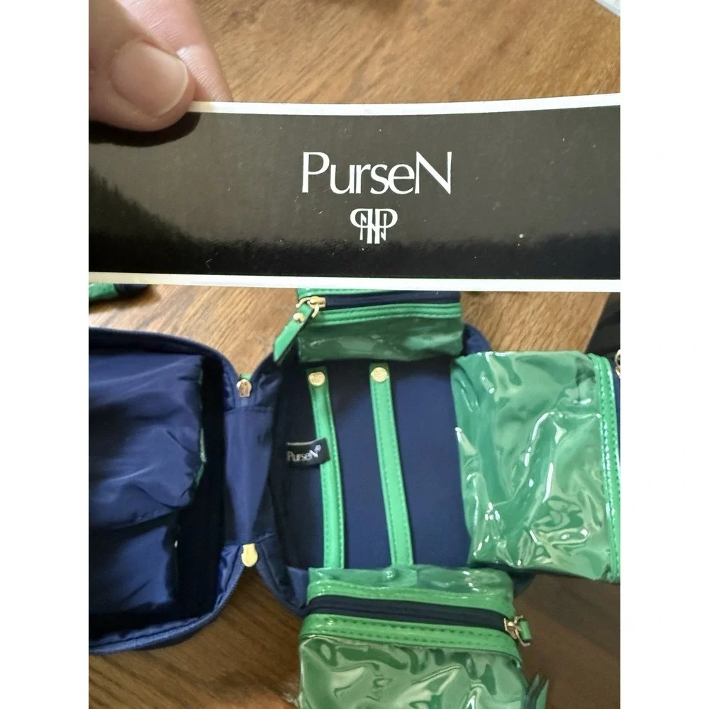 PurseN  Weekender Jewelry Case Navy Blue/Green Piping Expandable Satin
